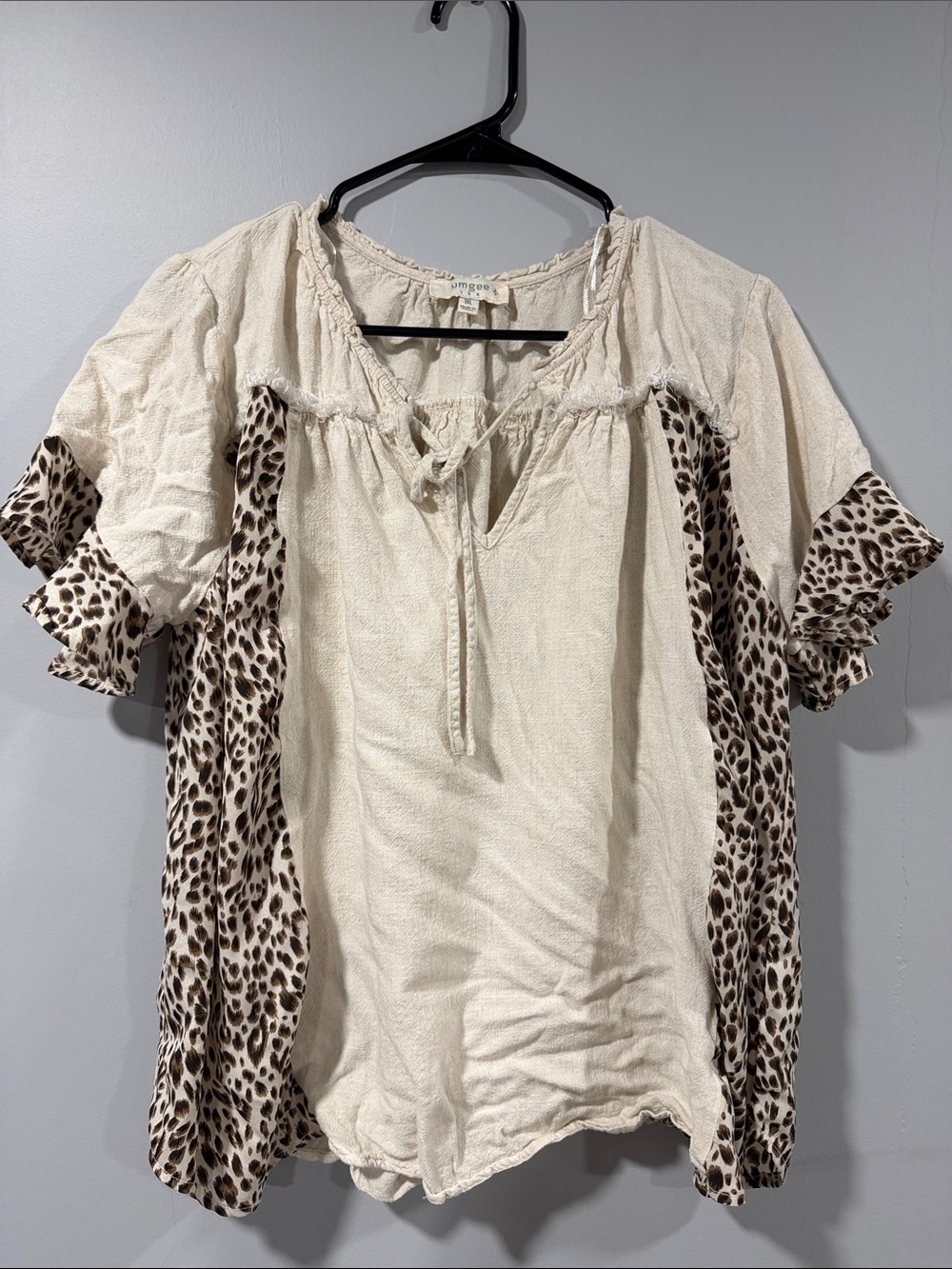 Umgee Cream Peasant Top with Leopard-Print Accent